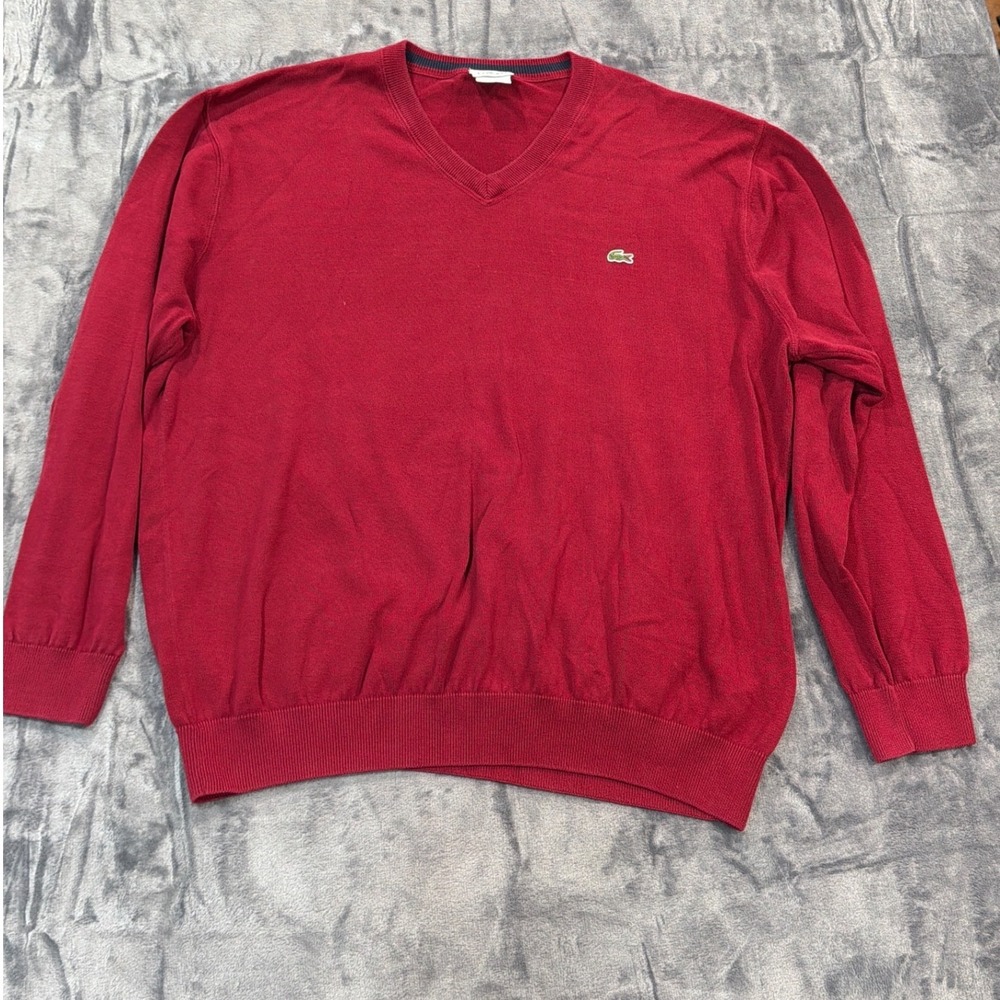 Lacoste V-Neck Sweater Mens Red 100% Cotton Knit Pullover Size 8 / 2XL